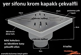 YERSİFONU 15X15X50 ALTTAN ÇIKIŞ KROM KAPAK ÇEKVALFLİ BANYO BALKON GİDERİ YER SİFONU