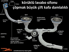 ÇÖPMAK KÖRÜKLÜ SİFON YANDAN DAMLALIKLI ÇİFTLİ BÜYÜK KAFA EVYE SİFONU LAVABO GİDERİ
