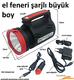 EL FENERİ ŞARJLI BÜYÜK IŞILDAK UZUN MENZİL GECE LAMBASI USB GİRİŞLİ ARAÇ ŞARJ