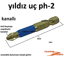 BİTS YILDIZ UÇ 5CM KANALLI ÖZEL SARI PH-2 ŞARJLI UCU YILDIZ VİDA SIKMA UCU