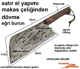 SATIR MAKAS EĞRİ BURUN ÇELİĞİNDEN DÖVME HAKİKİ EL YAPIMI KEMİK SATIRI AHŞAP SAP