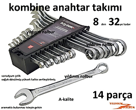 KOMBİNE ANAHTAR SETİ 14 PARÇA 8-32 PROFESYONEL KLYTEK ÇELİK EKONOMİK